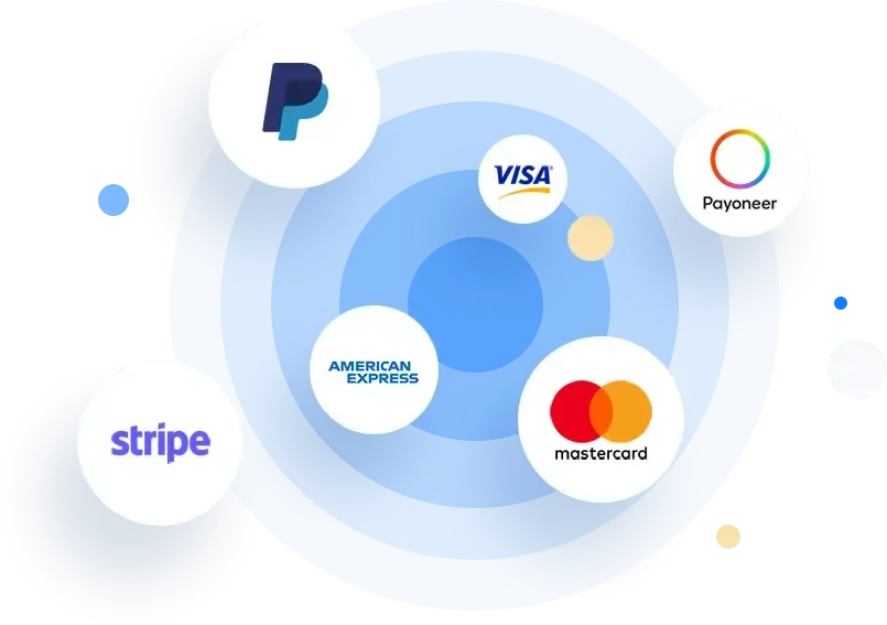Moyens de paiement acceptés (Stripe, Paypal, Visa, Mastercard, American Express, Payoneer)